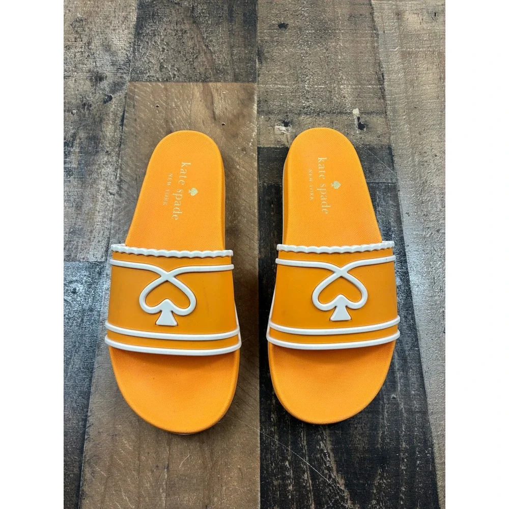 Kate Spade Brigitte Slide Sandals Womens 8B Orange White Logo Rubber Pool Shoes